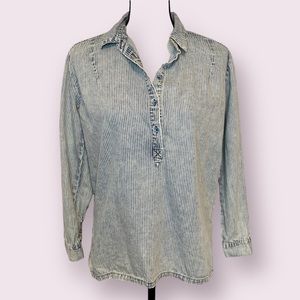 Knot Sisters Popover Chambray Lightweight Denim Top Railroad Striped Blue XS